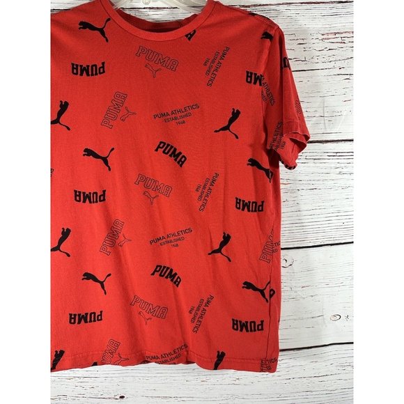 Puma Logo T-Shirt Tee Boys Size Large Red Short Sleeve Athletic Spell Out Cotton - Picture 4 of 7